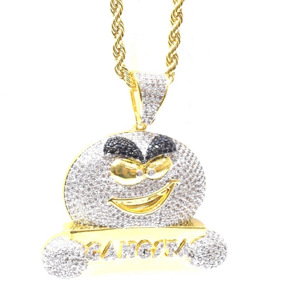 Gold Finish Lab Diamond GANGSTA Emoji Charm Chain - Picture 2 of 4